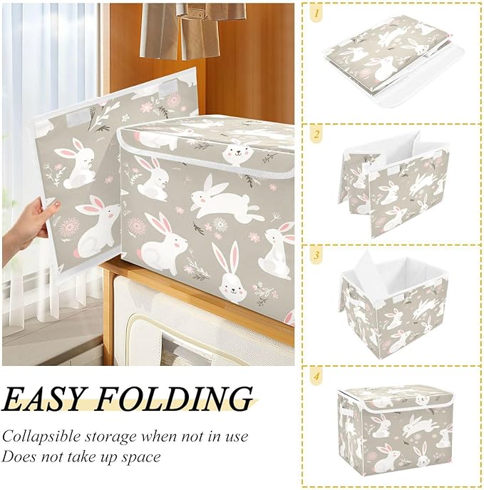 YETTASBIN Easter Bunny Storage Basket with Lid and Handles Large Collapsible Fabric Storage Bins Durable Storage Organizer for Shelves Closet Bedroom School Office Home Decor