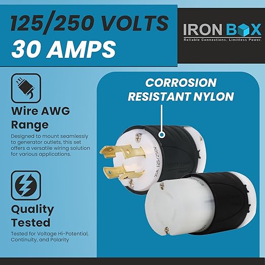 IronBox Electric L14-30P + L14-30R Generator Plug &amp Connector Set - 30A 125/250V 4-Prong for 7500W Generators - Twist Lock Adapter - UL Listed Electrical Connectors for Power Backup (Pack of 1)