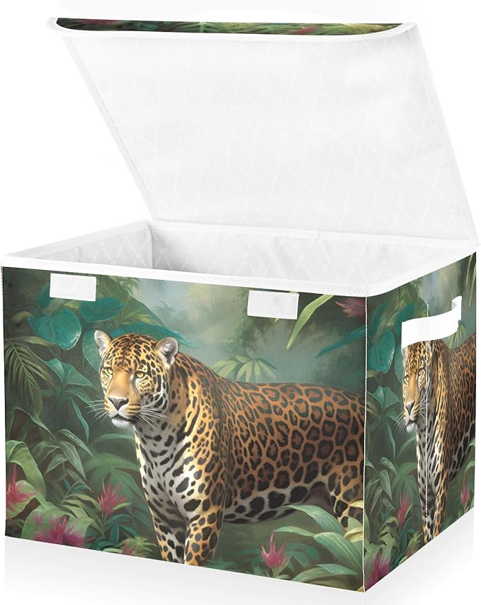 Leopard in Jungle Storage Cube with Lid Collapsible Flip-top locker Fabric Storage Bins Basket with Handle for Home Bedroom Closet Office 16.5×12.6×11.8 in