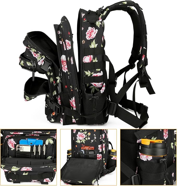 Lovelinks21 25L Tactical Military Backpack Small Travel Rucksack for Men and Women Assault Pack Bug Out Bag Molle Daypack Gym Backpack with Bottle Holder (Peony)
