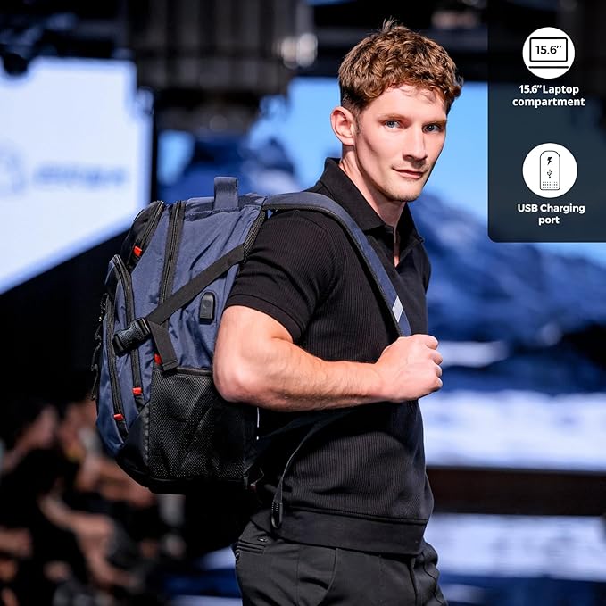 Swissdigital Design Laptop Backpack with USB Charging Port Travel Backpack Fits 15.6 inches Computer 31L College School Backpack for Men Blue/Black | SD803-12