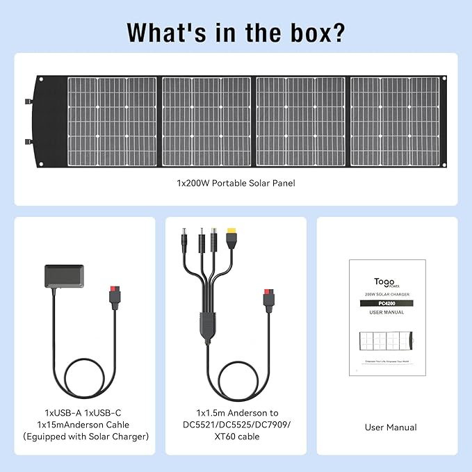 200W Portable Solar Panel Foldable 200W Solar Panel Kit with XT60/DC7909/Anderson Cable &amp USB-C PD 60W 23.5% High-Efficiency Monocrystalline Solar Charger for Power Station RV Camping IP65