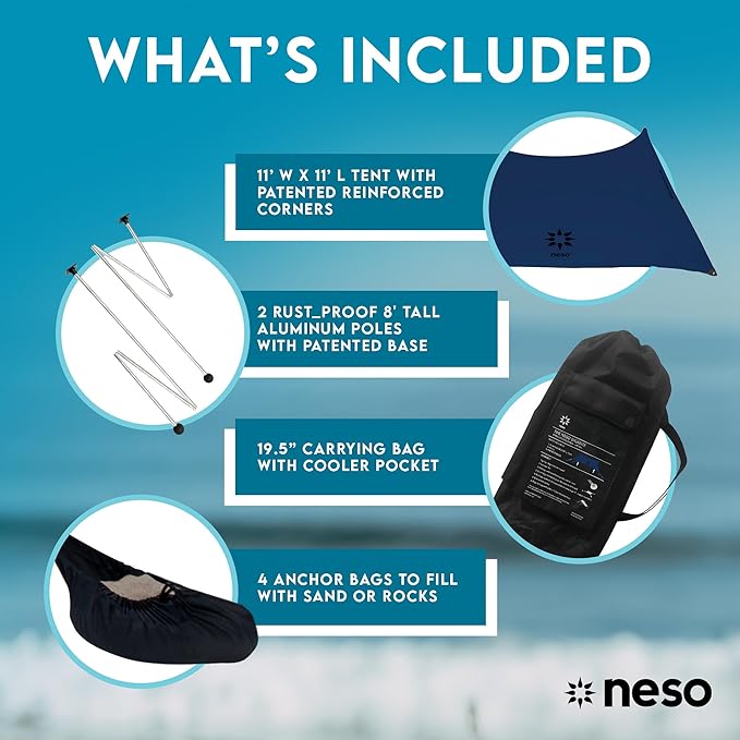 Neso Gigante Portable Beach Tent Sun Shelter - Lightweight Beach Shade Canopy - Easy Setup for Family Outings - Patented Reinforced Corners - UPF 50+ Sun Protection - 8ft Tall 11 x 11ft - Navy