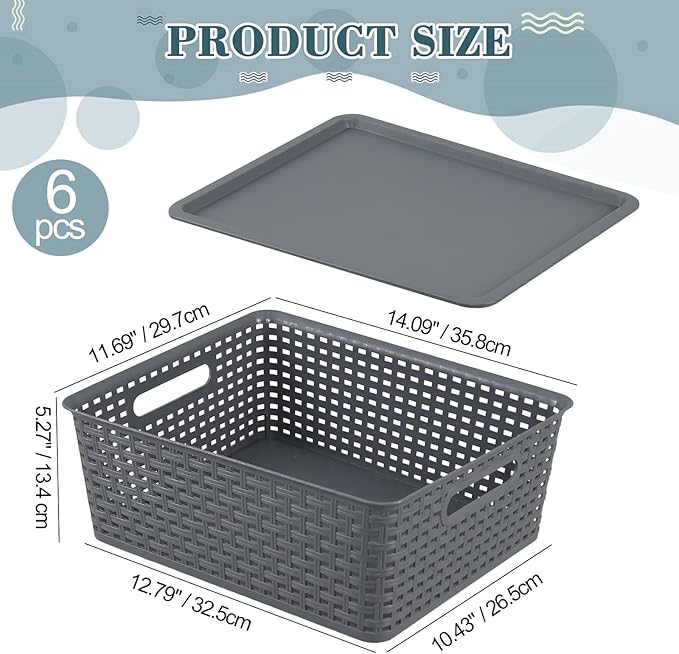 6 Pack Plastic Storage Bins with Lids Stackable Storage Baskets with Handles Plastic Organizer Container Bins for DeskShelvesOffice Pantry Organizers and Storage Grey