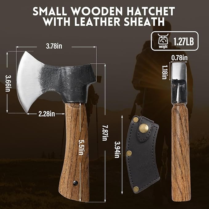 Small Camping Axe with Leather Sheath 8.46 Backpacking Hatchet with Wooden Handle Splitting Axe for Jungle Gardening Hunting Survival