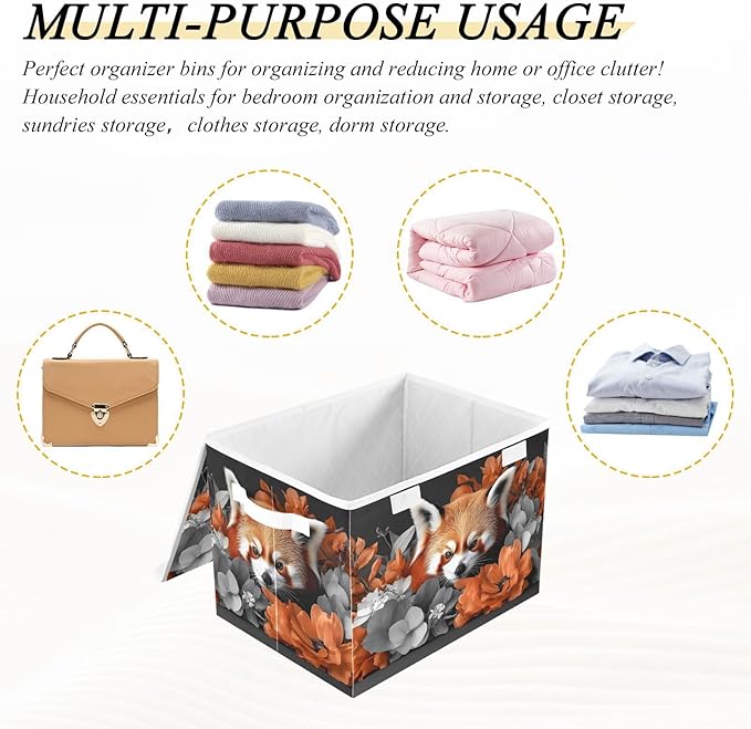 AIXIWAWA Lidded Storage Cube (Red Panda Floral) Fabric Foldable Closet Bins with Flip Lid and Handles Organizer Basket Container 16.5 x 12.6 x 11.8 IN