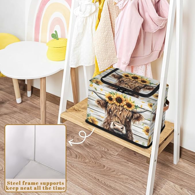 Highland Cow Storage Bins with Zipper Lid Rustic Sunflower Fabric Lidded Storage Baskets Cubes with Handles Decorative Foldable Shelf Closet Organizer Container