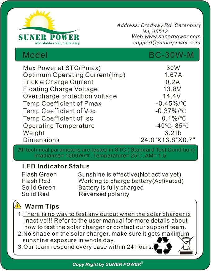 SUNER POWER 30W 12V Solar Battery Charger Maintainer Built-in Smart MPPT Charge Controller Adjustable Mount Bracket Waterproof 30 Watt Solar Panel Kits for Car Automotive Boat Marine RV Trailer