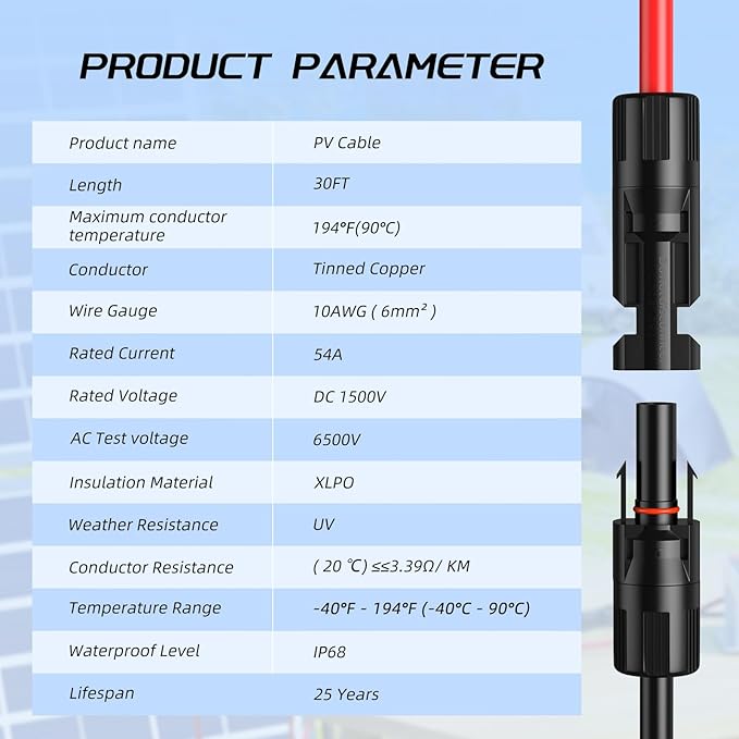 30FT 10AWG Solar Panel Extension Cable Bateria Power 6mm² Solar Extension Cable Wire with Female &amp Male Waterproof Connectors for RV Photovoltaic Systems