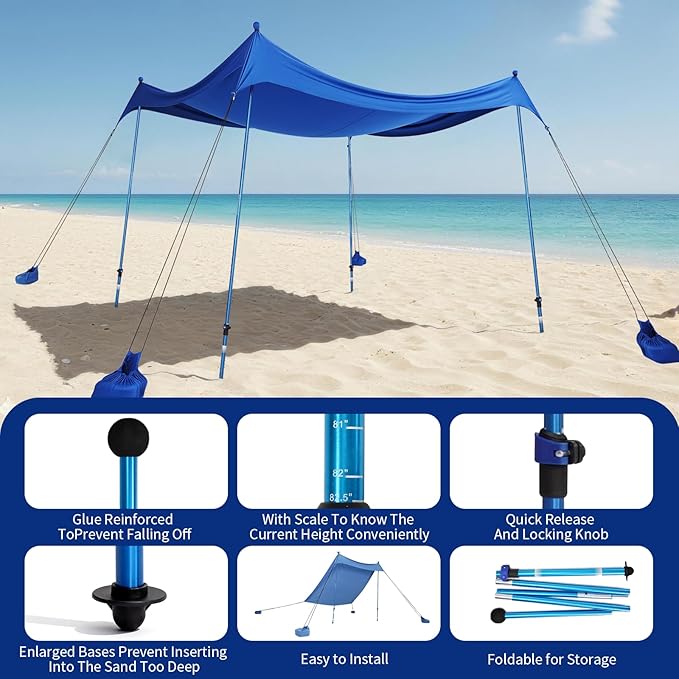 CROWN SHADES 7x7 Beach Tent Sun Shelter Easy Pop Up Beach Canopy Shade Portable Outdoor Carpas UPF50+ Includes 4 Poles Adjustable Aluminium Extra-Large Big Sand Shovel Navy Blue