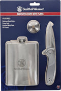Smith &amp Wesson Executive Knife and 8oz. Brushed Metal Flask with Fill Funnel Gift Set