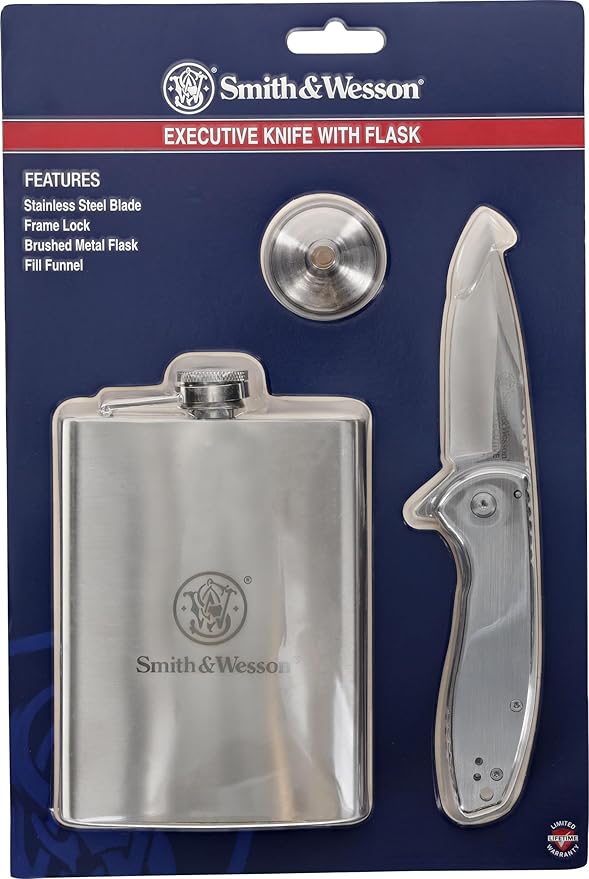 Smith &amp Wesson Executive Knife and 8oz. Brushed Metal Flask with Fill Funnel Gift Set