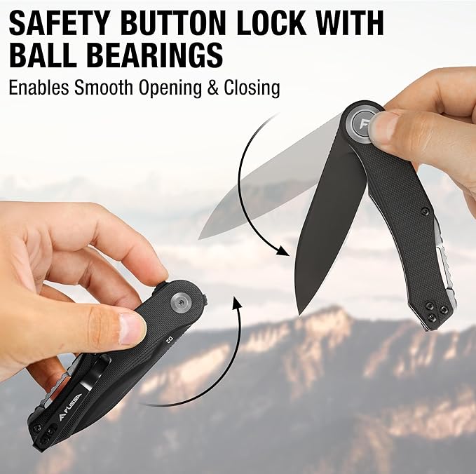 FLISSA Button Lock Folding Knife 3.1 D2 Steel Blade EDC Pocket Knife with G10 Handle Flipper Belt Clip Bearings for Outdoor Camping Hiking Fishing Hunting Gift for Men &amp Women (Grey)
