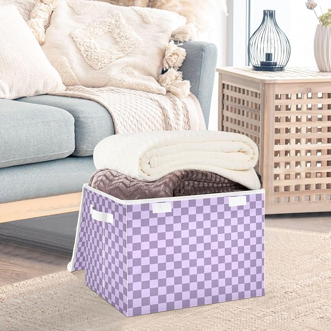 Purple Grey Checkerboard Storage Baskets Lidded Bin Foldable Storage Boxes Cubes Lids with 2 Handles for Organizing Closet Home Office
