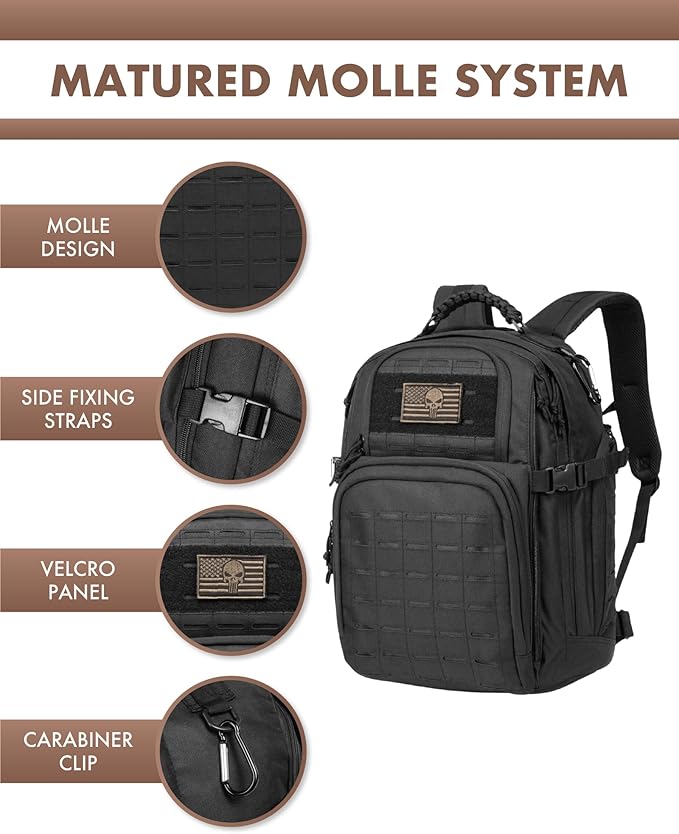 TRAILKICKER Military Tactical Backpack 40L for Men Hiking Camping Molle EDC Daypack Army Assault Pack Lightweight Work Backpack with Water Bladder Compartment Black