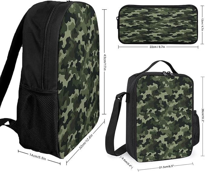Printed Backpack With Lunch Pack Storage Box Case Green Military 3pcs Lightweight Travel Backpack