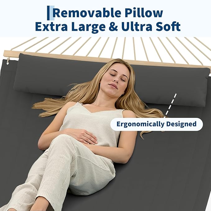Hammocks 12 FT Double Quilted Fabric Hammock with Spreader Bar and Detachable Pillow 2 Person Hammock for Outdoor Patio Backyard Poolside 450lbs Weight Capacity