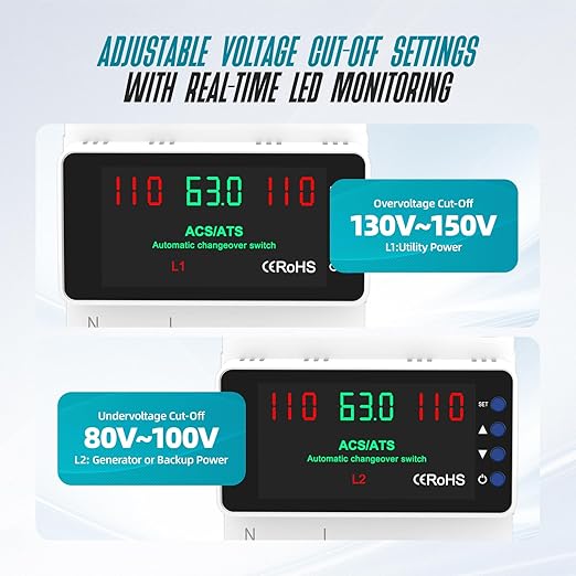 Automatic Transfer Switch 63A 110V Manual Changeover Switch DIN Rail Mount 63Amp AC 2P Dual Power Mini ATS with LED Display for Home Generator &amp Gas Furnace Adjustable Voltage 50/60Hz CE Certif