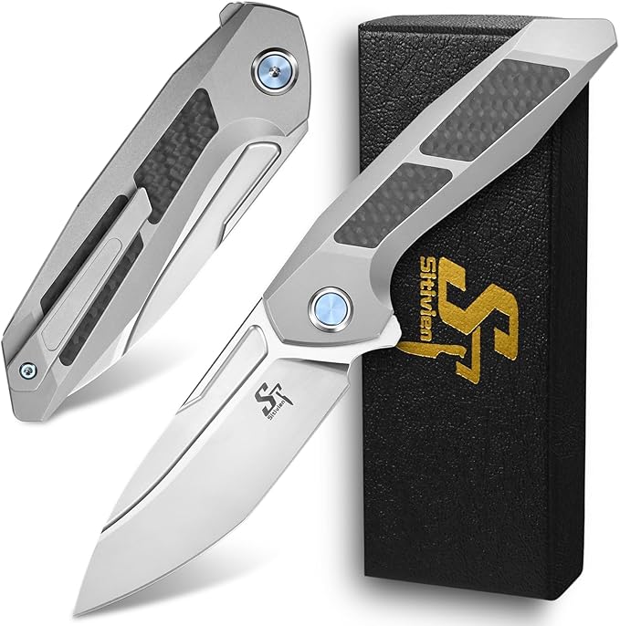 Sitivien ST996 Folding KnifeHandmade M390 Pearlescent Polishing BladeTitanium &amp Carbon Fiber Handle Pocket Knife for Outdoor CampingHikingHunting(Gray)