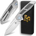Sitivien ST996 Folding KnifeHandmade M390 Pearlescent Polishing BladeTitanium &amp Carbon Fiber Handle Pocket Knife for Outdoor CampingHikingHunting(Gray)