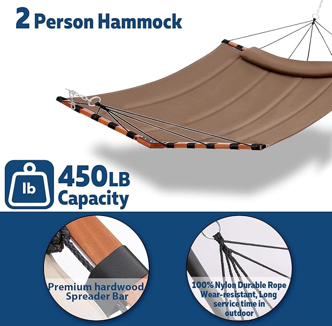 TegerDeger 12FT 2 Person Hammock Large Hammock 450LB Capacity with V Shaped Hardwood Spreader Bar &amp Nylon Rope for Outside Patio Garden Backyard Beach Poolside - Brown