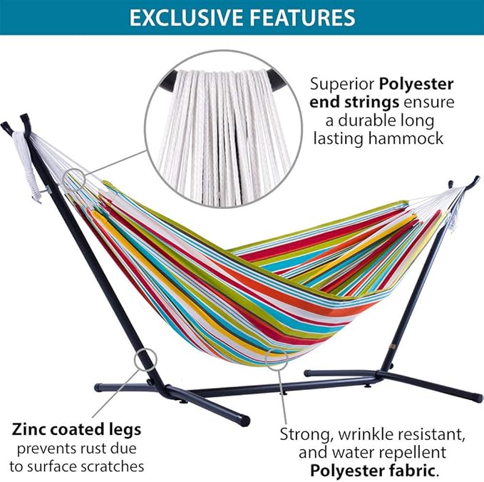 Vivere Double Polyester Easy Assemble Outdoor Hammock with Steel Stand Ciao