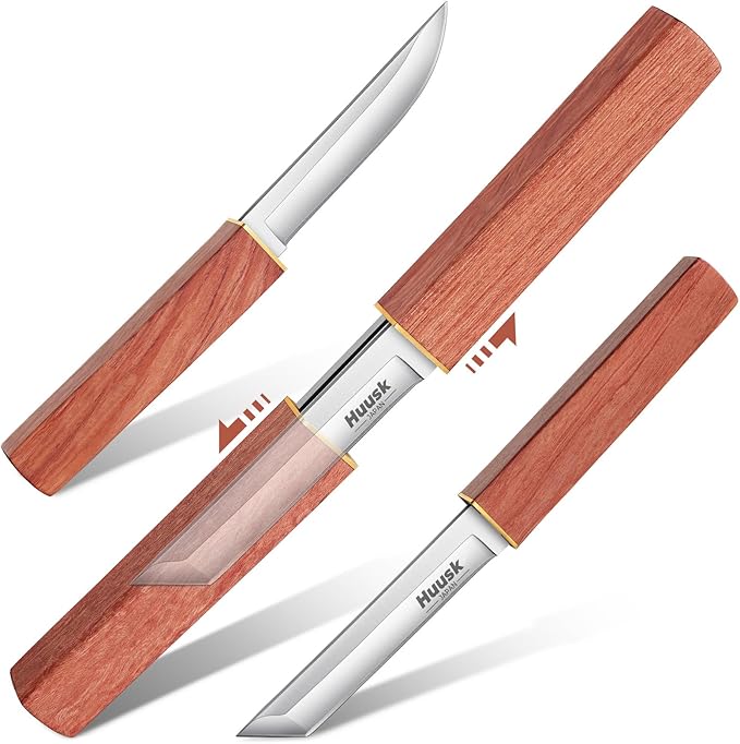 Huusk Camping Knife 2 In 1 D2 Steel Fixed Blade Japanese Samurai Knife for Men Bushcraft Knives for Outdoor Hiking Fishing