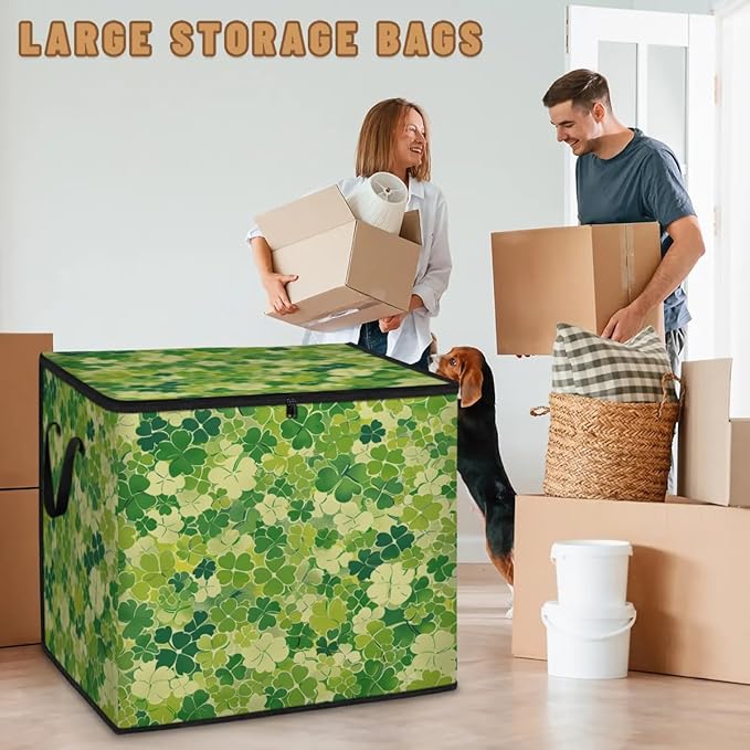 XL Large Clothes Storage with Lid Handle St. Patrick's Day Large Thick Clothes Blanket Storage Containers for Organizing Bedroom Closet Comforter Organization Storage Shamrock Clover