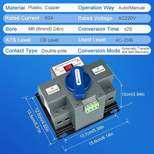 63A 110V Dual Power Automatic Transfer Switch Manual Transfer Switch 50/60Hz Din Rail Mounted Mini ATS 2/3/4P 63/32A for Hone Generator and Backup Power RV (2P 63A)
