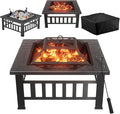 Greesum Multifunctional Patio Fire Pit Table 32in Square Metal BBQ Firepit Stove Backyard Garden Fireplace with Spark Screen Lid and Rain Cover for Camping Outdoor Heating Bonfire Dark Black