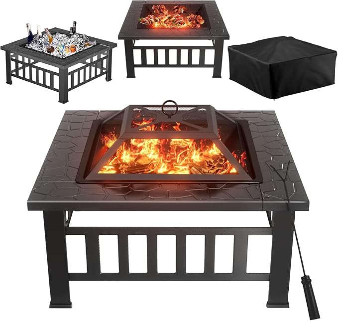 Greesum Multifunctional Patio Fire Pit Table 32in Square Metal BBQ Firepit Stove Backyard Garden Fireplace with Spark Screen Lid and Rain Cover for Camping Outdoor Heating Bonfire Dark Black