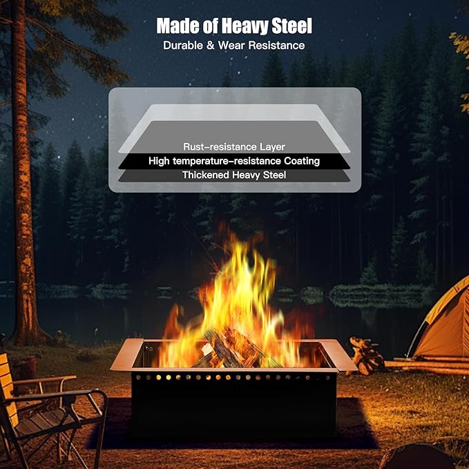36 inch Outdoor Fire Pit Liner Square Heavy Duty Fire Pits Rim Insert Firepit for Outside DIY Campfire Fireplace