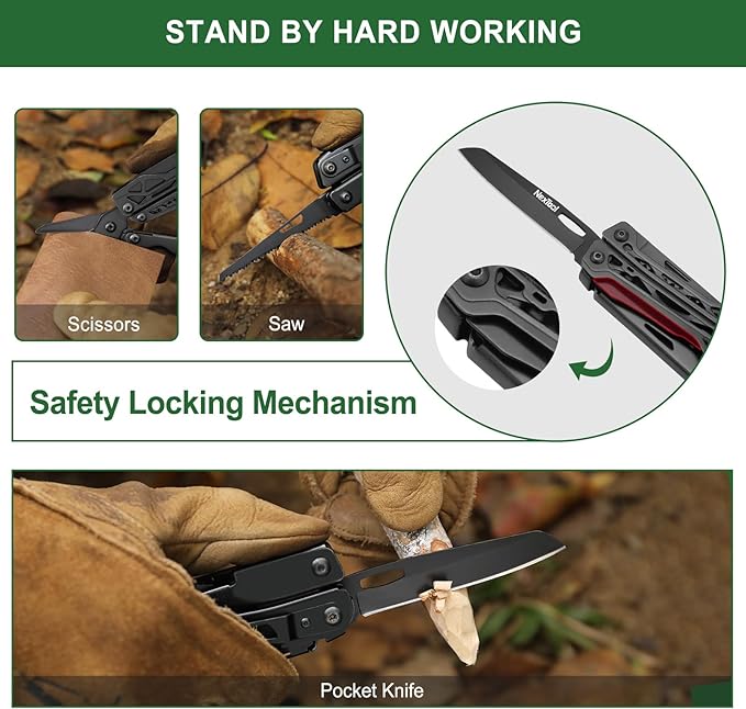 NexTool Multitool 11 in 1 Multi Tool with Needle Nose Pliers Scissors and Screwdriver Bits Stainless Steel Multi Tool Pocket Knife with Safety Locking for CampingFishingHiking Mens Gifts Unique