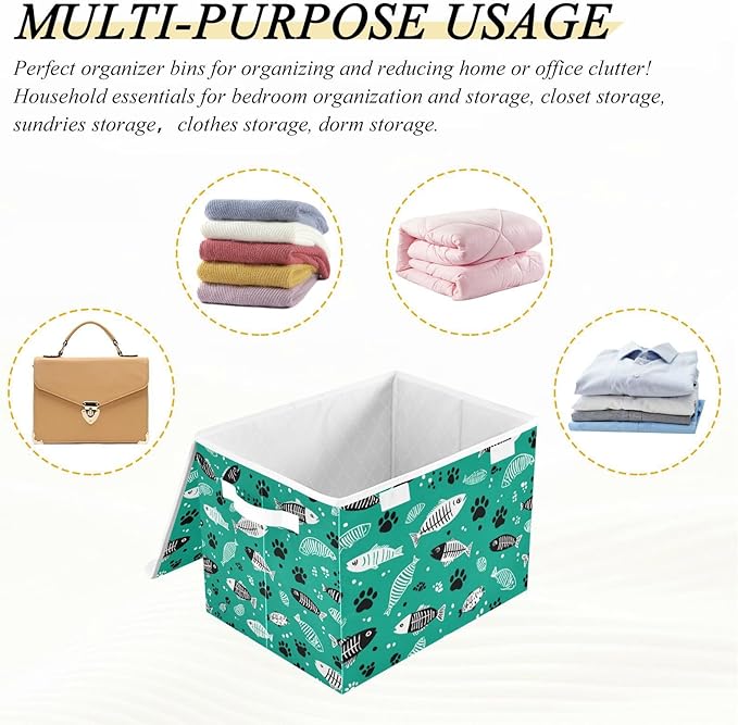 Collapsible Storage Bins with Lids Decorative Fabric Storage Cubes Closet Organizer and Storage Basket Boxes Containers for Clothes Box Chest Nursery Folding Rectangle Green Paw Prints Fish