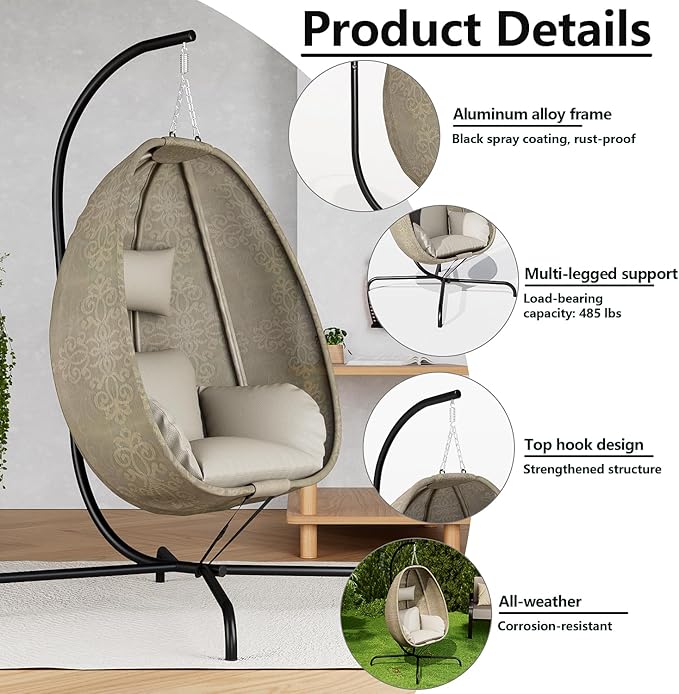 ALAULM Foldable Egg Chair with Stand 485LBS Capacity Textilene Hammock Swing Chair for Outdoor &amp Indoor Patio Hanging Chair with Strong Frame &amp UV Resistant Cushion for Balcony Bedroom Cre