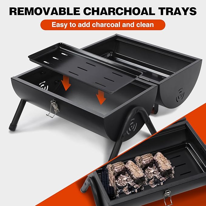 REDCAMP Portable Charcoal Grill with Thermometer Heavy-Duty Thick Steel &amp Foldable Design Compact Small Tabletop Barbecue Grillfor Camping Backyard Beach - Easy Assembly Dual Grilling Zones