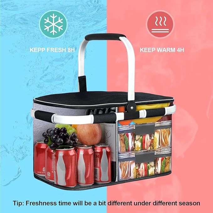 LIQING 35L Large Picnic Basket 2 Layers of Internal Pockets Leak-Proof and Insulated Folding with Internal Support for enhansed Stability Wedding Gifts for Couple(Black)