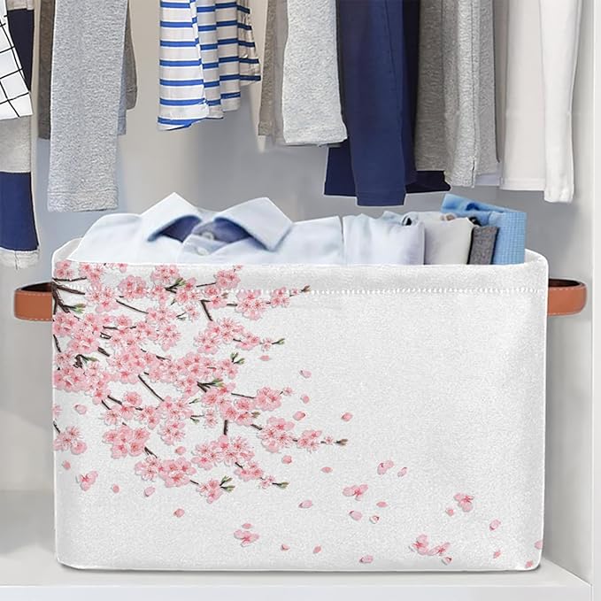 Basket Storage Bins Japanese Cherry Blossoms Rectangle Cube Basket Box Kids Girls Boys Toys Organizer Beaket Decor Foldable with Handle for Living Room Bedroom Closet Nursery Office Shelf Gifts