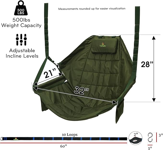 Tranquillo Hanging Hammock Chair Patio Swing Chair Outdoor Swing Chair with Headrest Armrest Cup Holders Porch Swings Outdoor and Hammock Tree Straps Net Moss Green