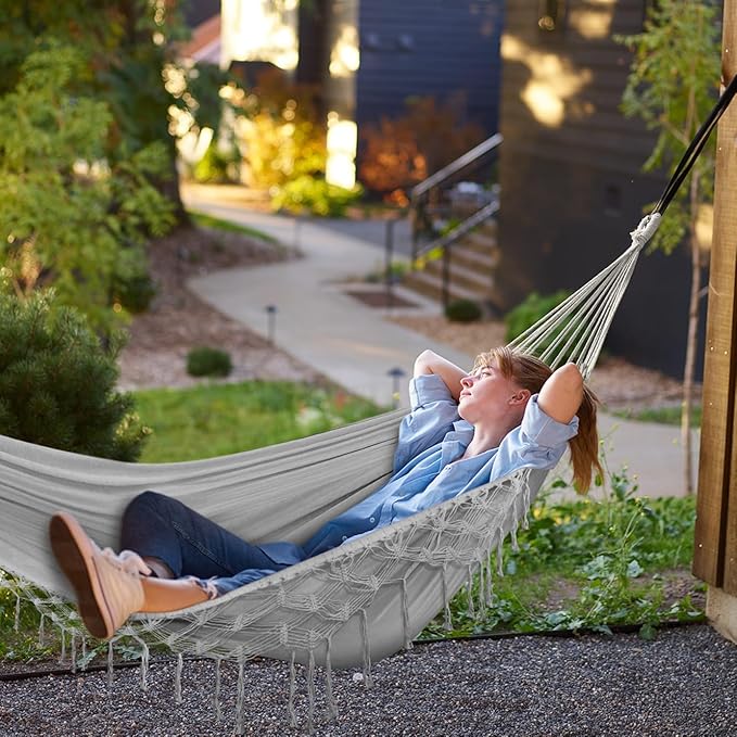 MOSFiATA Backyard Hammock with Tassels Max 500lbs Canvas Fabric Bohemian Style with Thickened Rope and Carry Bag for Outdoor Garden Patio Wedding Decor (Gray)