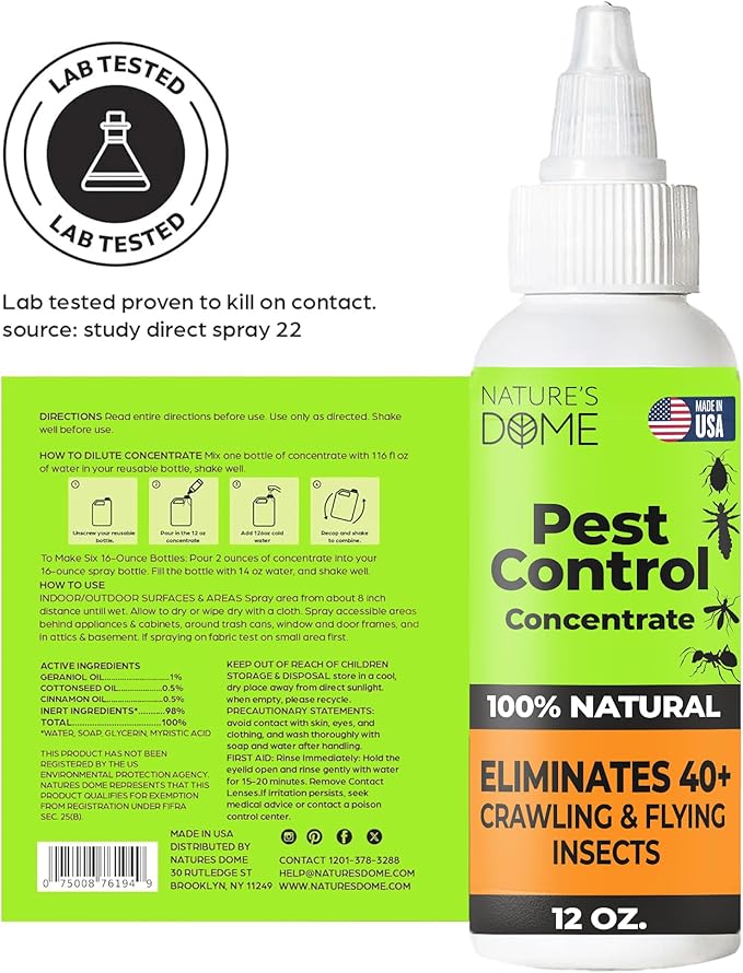 Nature’s Dome Pest Control Concentrate Spray 12 Oz | Natural Eco-Friendly Bug &amp Ant Spray that Makes 1 Gallon | Eco-Friendly Bug Spray for Flea Ticks Ant &amp Mosquitos | Safe for Pets &amp K