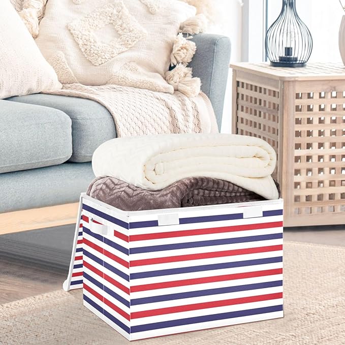 CaTaKu Large Fabric Storage Bins With LidsRed White Blue Stripe Storage Boxes With Handles for Organizing Clothes Collapsible Storage Cube Bins Baskets for Shelves