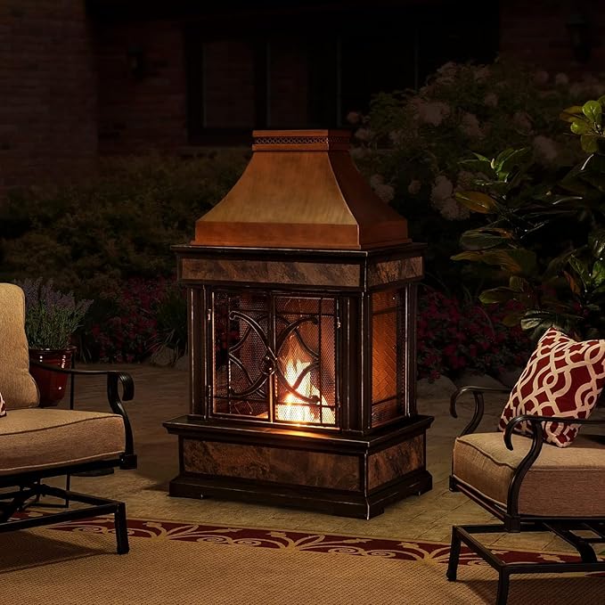 Sunjoy Outdoor Fireplace Stone Look Tile Patio Wood Burning Steel Fireplace with Chimney Spark Screen Fire Poker Rain Cover and Removable Grate Copper with Gray Tile