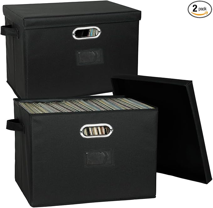 12-Inch Vinyl Record Storage Boxes with Lids and Handles Stylish and Practical LP Record Organizer for 100+ Single Records Suitable for Living Room Study Concert Hall or Office (17-2 Pack-Fabric