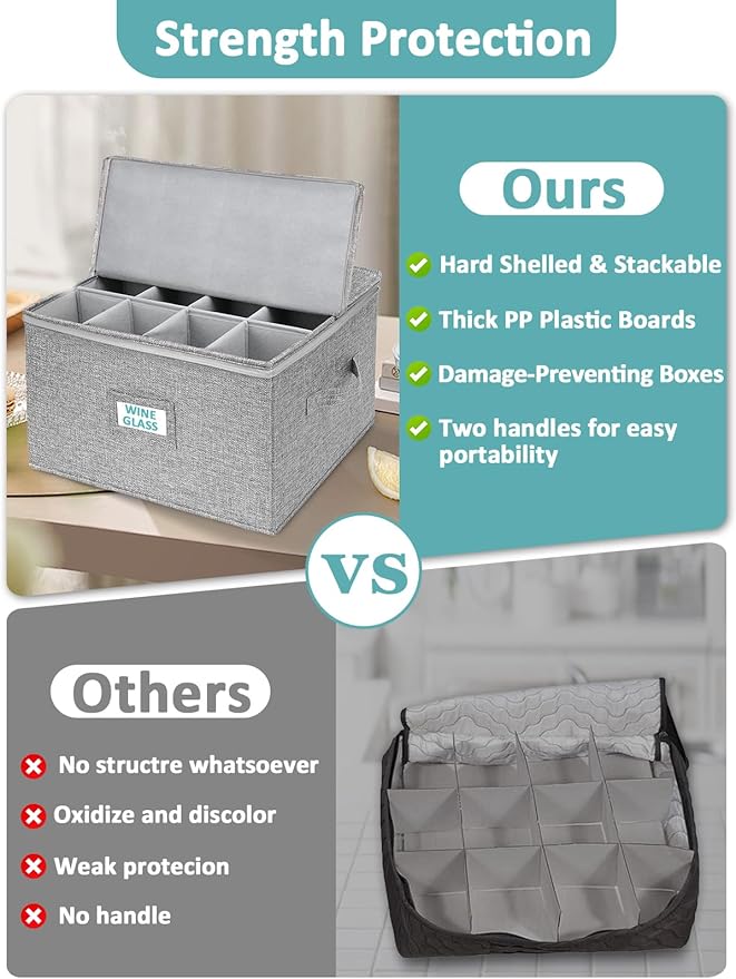 Cirhy Wine Glass Storage Box Hard Shell 10'' Tall Stemware Storage Containers for Moving Holds 24 Crystal Glasses &amp Flutes Stackable Glassware Chest with Dividers Grey (2-Pack)