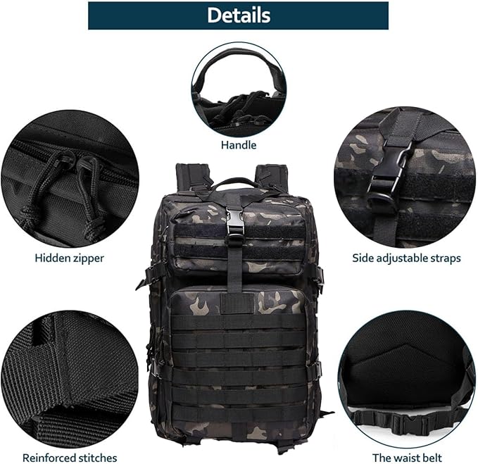 50L Sturdy Nylon Waterproof Fishing Hunting Backpack Outdoor Military Rucksacks Tactical Sports Camping Hiking Bags (Camo Black)