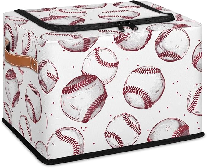 Sport Baseball Storage Bins with Zipper Lid Collapsible Fabric Storage Basket with Leather Handles Closet Shelf Cloth Organizer Basket for Nursery Bedroom Clothes Toy
