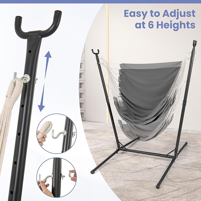 Tangkula Adjustable Hammock Chair with Stand Sturdy Swing Chair with 6 Adjustable Positions Storage Pocket Metal Frame Heavy-Duty Hammock for Indoor &amp Outdoor Use (Grey)