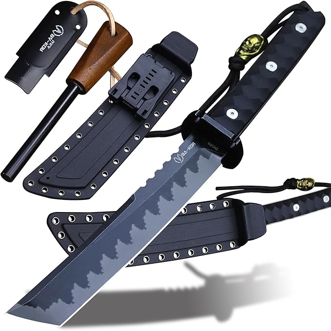 BA-KOR 15.8in Full Tang Japanese Style Outdoor Knife –8mm DC53 Steel Nylon Fiber Handle &ampSheath Hunting Survival Knife+(5.9in) cerium igniter (Black handle and black blade (8mm))
