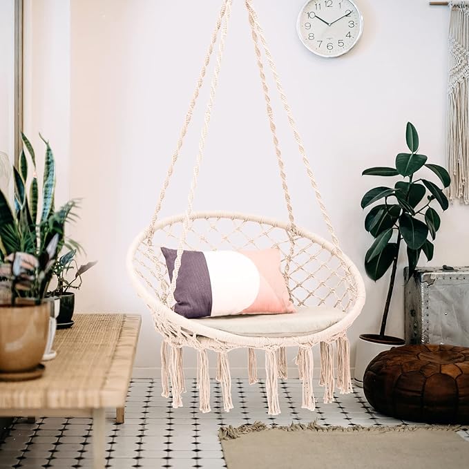 Giantex Hammock Chair Macrame Swing - Hanging Chair with Cushion and Hardware Kit 330 LBS Weight Capacity Indoor Swing for Hammock Stand Patio Balcony Living Room Hammock Swing (Beige)